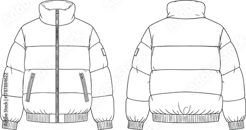 Puffer Jacket Outline Technical Fashion Flat Sketch Illustration, Front and Back Views, Full Zip Closure, Mock Collar, Quilted, Ribbed Hem and Cuffs, Apparel Design Vector.