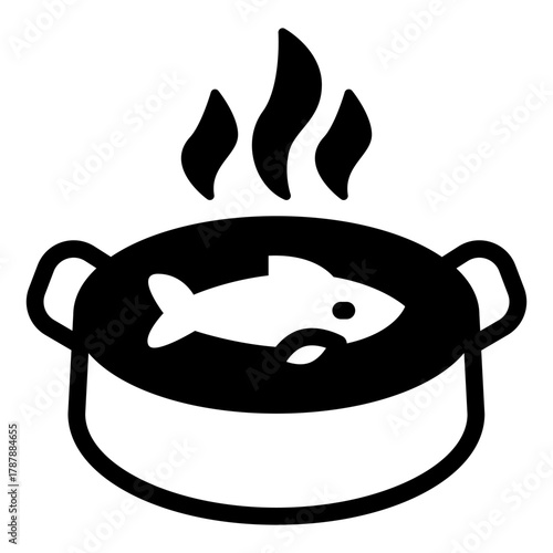 Pan of hot fish soup solid icon, japanese food concept. Vector graphics. Fish soup, seafood sign on white background, style icon mobile or web design.