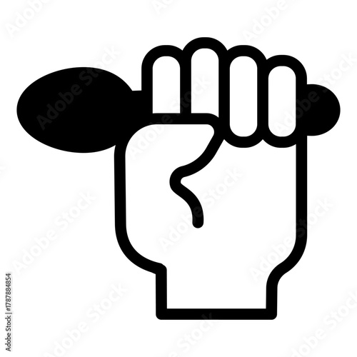 Spoon in hand solid icon, cutlery concept. Vector graphics. Hand with metallic spoon sign on white background, style icon mobile or web design.