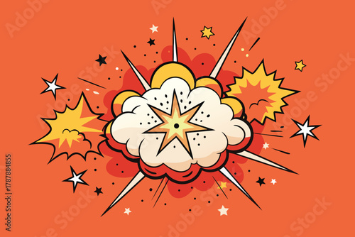 Comic explosion with cloud and star shapes on an orange colored background