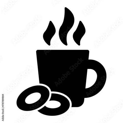 Cup of tea and two bagels solid icon, beverages concept. Vector graphics. Cookies with herbal hot drink sign on white background, style icon mobile or web design.