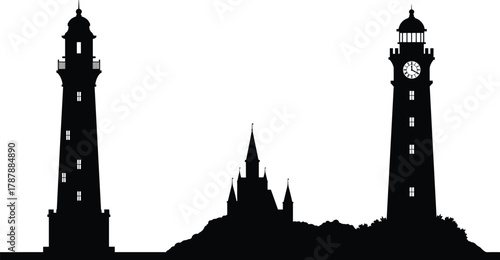 Architectural silhouette icon set, black and white style, lighthouse, castle, clock tower, historic buildings, vector illustration, editable graphic