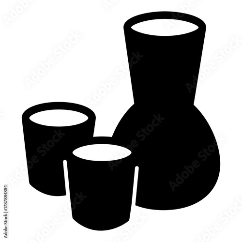 Sake jug and glasses solid icon, japanese beverage line and solid icon. Alcoholic drink, alcohol sign on white background, style icon mobile or web design.