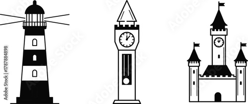 Architectural landmark icon set, black and white line style, lighthouse, clock tower, medieval castle, historic buildings, editable vector illustration