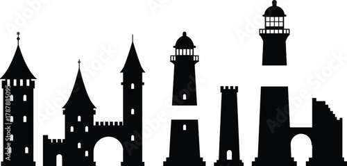 Castle silhouette, lighthouse vector, medieval tower, fortress icon, black architecture, ancient building, historic structure, fantasy ruin, stock illustration, isolated design