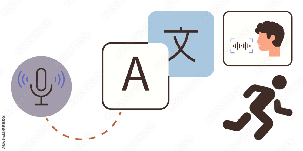 Fototapeta premium Microphone, language translation symbols, face recognition with speech text, and running figure. Ideal for communication, accessibility, multilingual tools, AI, speech recognition translation