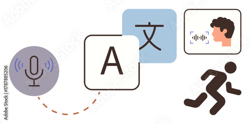 Microphone, language translation symbols, face recognition with speech text, and running figure. Ideal for communication, accessibility, multilingual tools, AI, speech recognition translation