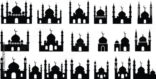 Mosque silhouette vector set, Islamic architecture icons, crescent dome, minaret design, black illustration, religious building, editable graphic, template