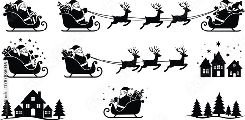 Santa Claus, Christmas sleigh, reindeer silhouette, holiday scene, festive illustration, winter night, gift delivery, pine trees, stars, seasonal decoration, magic