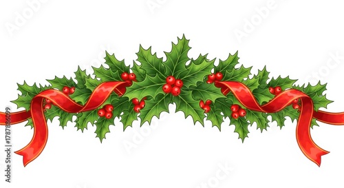Elegant holly garland with red berries and ribbons isolated on white background for christmas