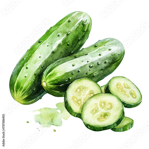 Painted in watercolor, this artistic cucumber fruit features a clean composition, hand-drawn with elegance, isolated on white, vector EPS vectorized