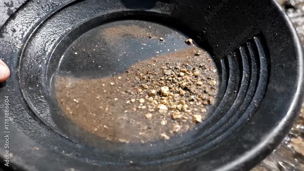 Hands holding a gold panning pan in shallow running water, sifting through sand and gravel while searching for precious metal flakes, representing outdoor adventure and the historic gold rush