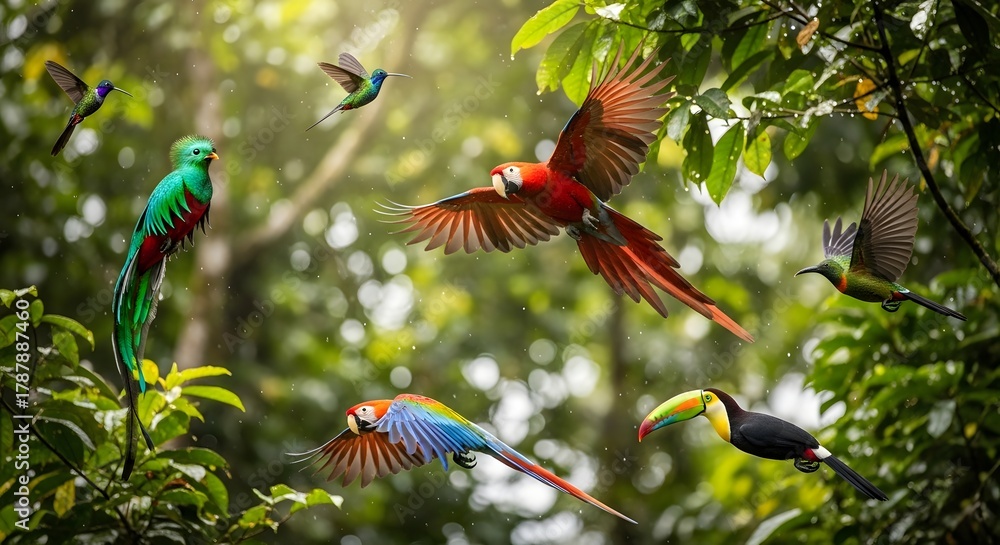 Fototapeta premium Colorful tropical birds in rainforest wildlife nature scene with parrots toucan and hummingbirds flying free