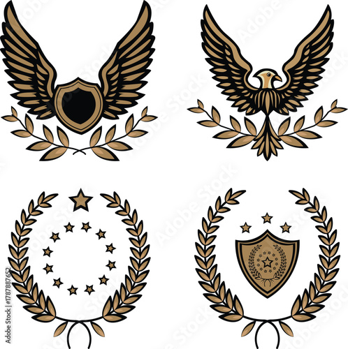 Stylish vector set featuring winged emblems, laurel wreaths, shields, and stars. Perfect for logos, awards, luxury branding, and premium insignia design projects.