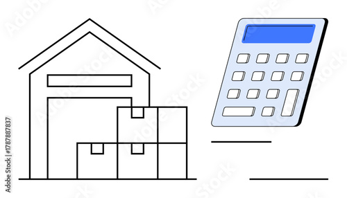Warehouse with stacked boxes next to calculator representing inventory control, cost management, and supply chain planning. Ideal for logistics, e-commerce, accounting, stocks, shipping, retail
