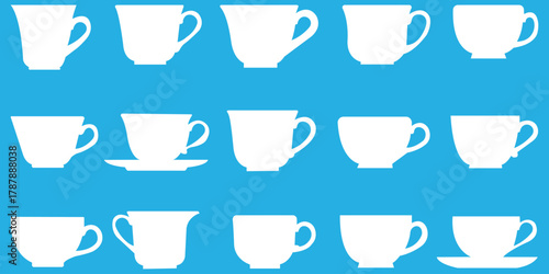 White Coffee Cup Silhouettes on Blue Background Tea Cups Illustration Drinkware Designs Ceramic Mugs Kitchenware