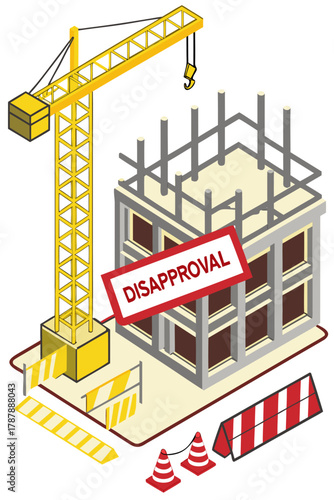 Construction site emergency shutdown, disapproval problem, hammerhead tower crane lifting system, building under construction, isometric illustration.