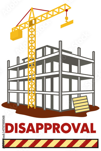 Emergency shutdown at construction site, disapproval problem, hammerhead tower crane heavy-duty lifting, building under construction, isolated isometric illustration.