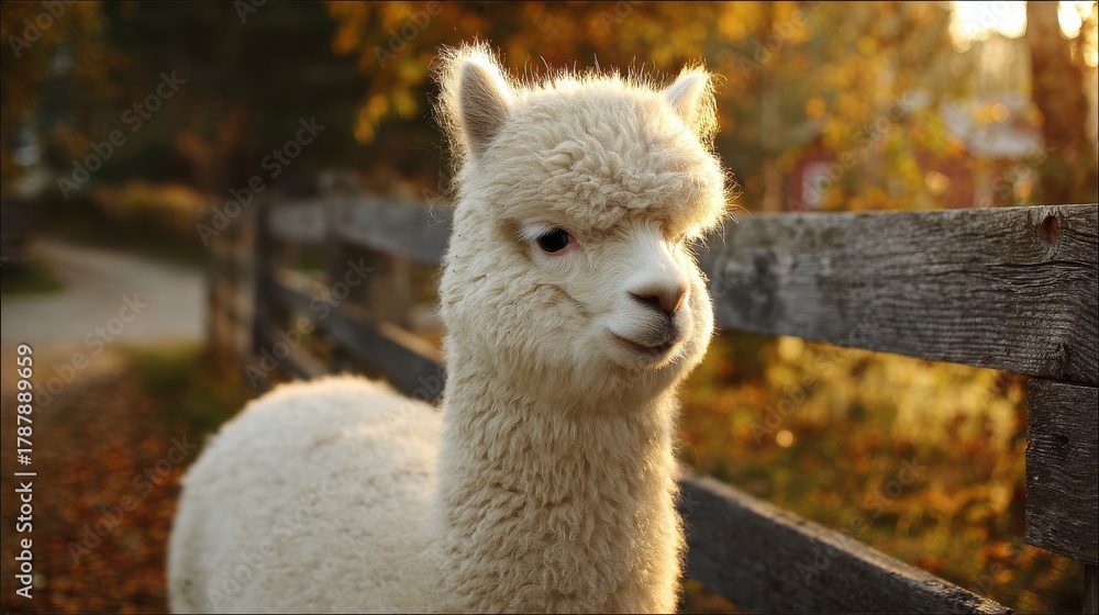 Naklejka premium Image of an adorable fuzzy alpaca on the farm