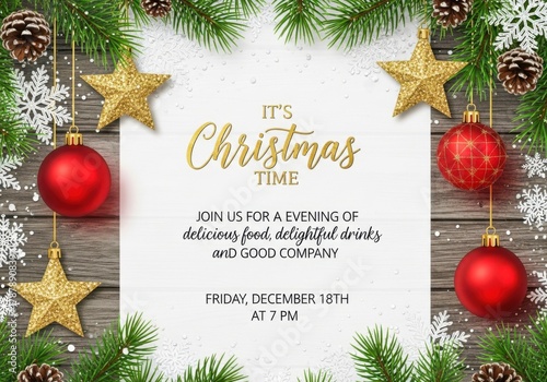 Elegant christmas invitation with golden stars, red ornaments and pine branches isolated on white background