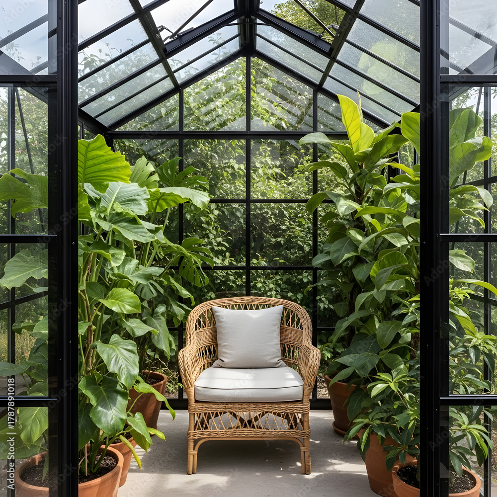 Fototapeta premium Relaxation chair in lush greenhouse