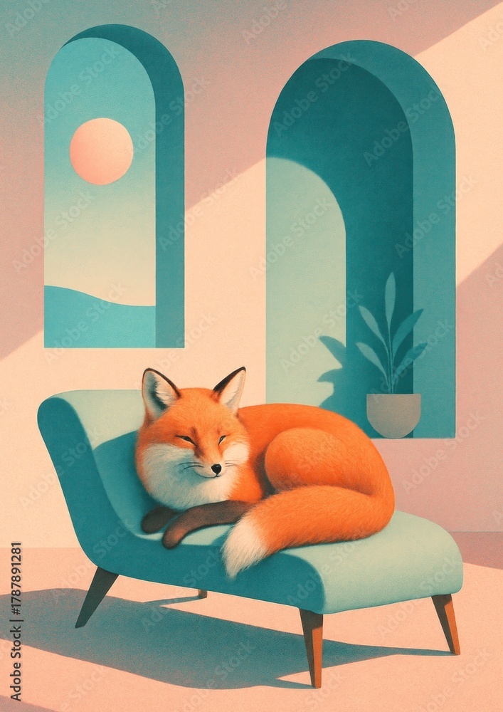 Obraz premium Fox lounging in surreal room.