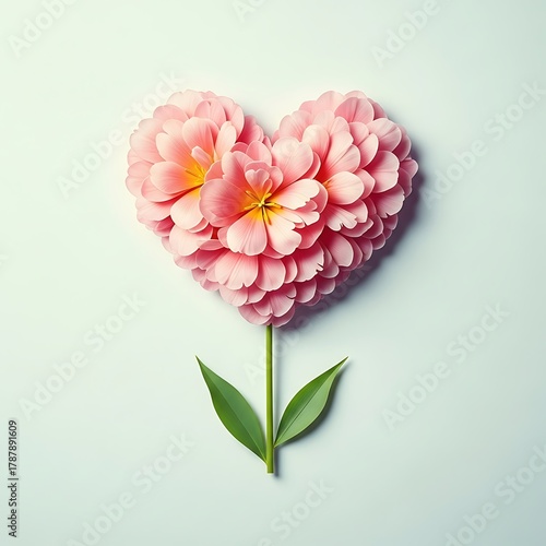 Beautiful heart-shaped flower illustration blooming with delicate pink petals and green leaves, symbolizing love and passion