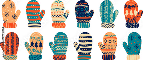 set various colorful knitted winter mittens scandinavian style ornaments isolated background christmas holiday vector elements
