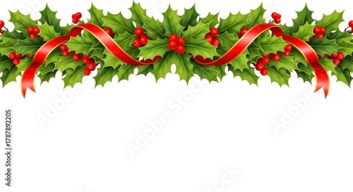 Festive christmas holly garland with red ribbon isolated on white background, a classic holiday decoration