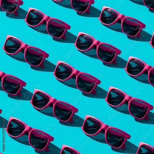 Vibrant Pink Sunglasses Arranged in a Repeating Pattern on a Teal Background