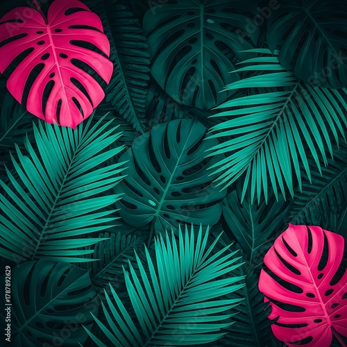 Lush tropical background with vibrant pink and dark green monstera and palm leaves