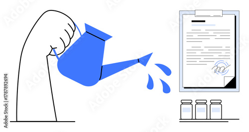 Hand holding watering can with drops flowing toward signed document. Three jars below. Ideal for growth, effort, strategy, productivity, planning, agreement sustainability. Perfect for simple flat