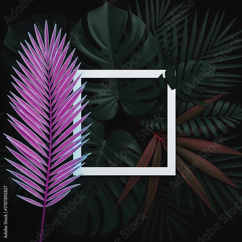 Stylish composition of exotic tropical leaves in dark green and vibrant purple with a central white square frame