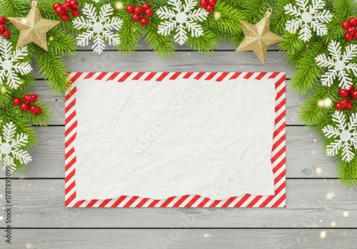 Festive christmas frame with pine branches, snowflakes, and red berries isolated on white background