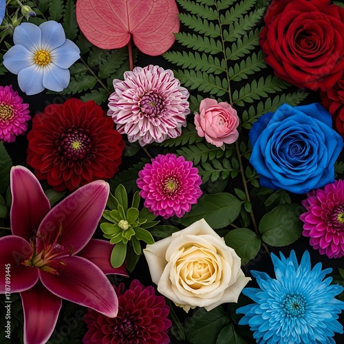 A beautiful medley of colorful flowers including roses, lilies, and dahlias in a flat lay composition