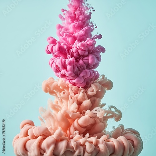 Abstract Swirl Pink and Peach Ink Clouds Floating in Light Blue Background