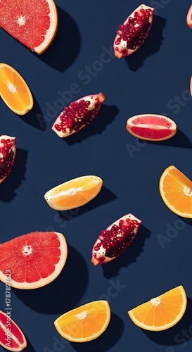 Citrus Burst Vibrant Oranges, Grapefruit Slices, and a Play of Light on a Dark Blue Background