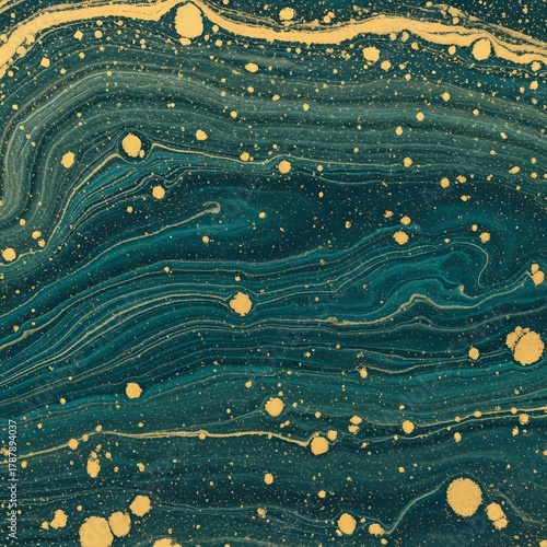 Elegant abstract fluid art with shimmering golden particles creating a unique marble texture on a deep teal background, resembling a cosmic flow