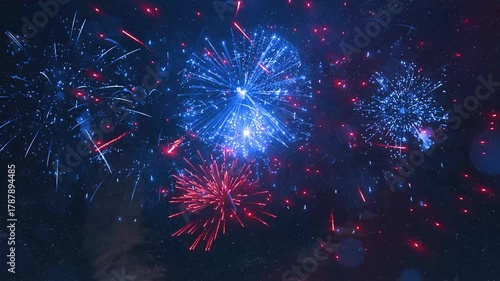 Bright Christmas and New Year celebration fireworks light the night sky with stars. Red and Blue Fireworks Display at Night Video Clip.
