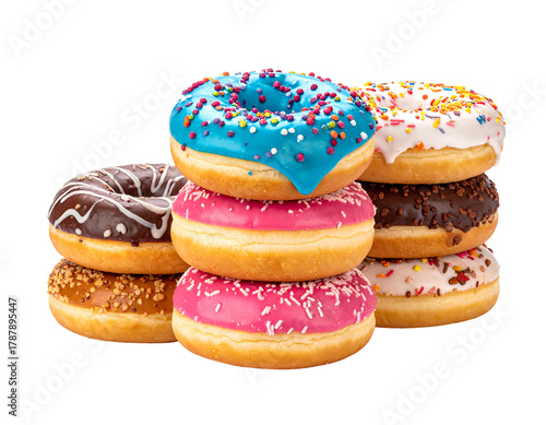 Wallpaper Mural A stack of glazed doughnuts, various colors & sprinkles, isolated on black background Torontodigital.ca