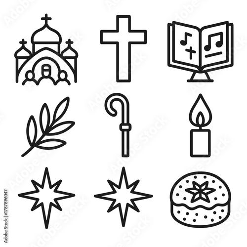 Orthodox Christmas Icons. Orthodox Christmas Cultural Heritage outline icon set: midnight liturgy, wooden cross, choir book, candle flame, olive branch, shepherd staff, Bethlehem
