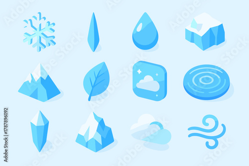 Icy Icon Collection. Icy Blue Palette modern flat icon set: snowflake, icicle, frozen droplet, glacier, mountain peak, frosted leaf, winter sky, water ripple, crystal shard,