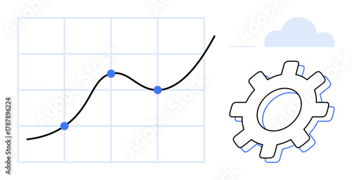 Line graph with dots on an upward trend, gear, and cloud suggesting progress, efficiency, and innovation. Ideal for data analysis, productivity, strategy, technology growth business simple flat