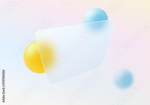 Glassmorphism style background with frosted glass and floating 3D spheres in blue and yellow, minimalist abstract composition.