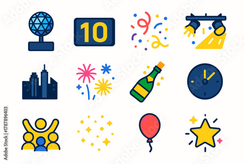 New Year's Eve Icons. Ball Drop Moment modern flat icon set: time square ball, countdown numbers, confetti swirl, bright lights, night skyline, fireworks show, champagne bottle,