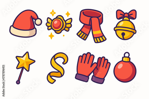 Festive Icon Set. Festive Accessories modern flat icon set: santa cap, shiny brooch, holiday scarf, jingle bell, star pin, ribbon curl, gloves, ornament charm.