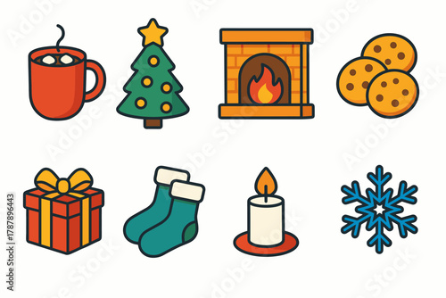 Cozy Holiday Icons. Holiday Cozy Moments modern flat icon set: cocoa mug, glowing tree, fireplace, cookies, wrapped gift, fuzzy socks, candlelight, snowflake.