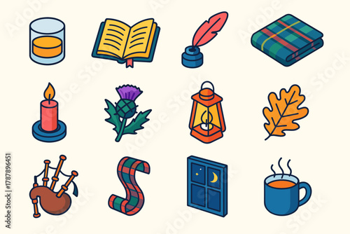 Burns Night Icons. Burns Night Evening Reflection modern flat icon set: whisky glass, open poetry book, feather quill, tartan cloth, candlelight, thistle flower, warm lantern, oak