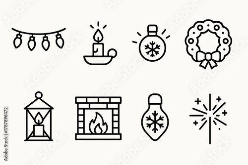 Festive Holiday Icons. Holiday Festive Lights outline icon set: Christmas string lights, candle holder, glowing ornament, wreath with lights, lantern, fireplace glow, snowflake