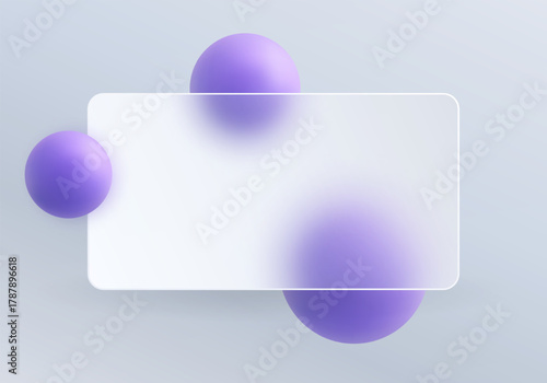 Soft matte glass rectangle with rounded corners and purple 3D spheres on a light gray background, landing page background.